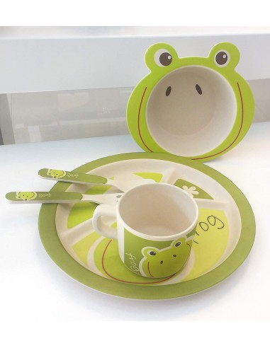 Vaisselle design grenouille en bambou pour enfant de 5 pièces.