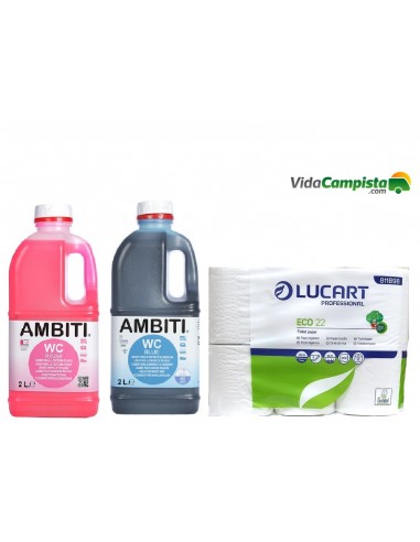 Pack Zones de rinçage 2l + Ambiti Blue 2L + Papel hygiénico Lucart