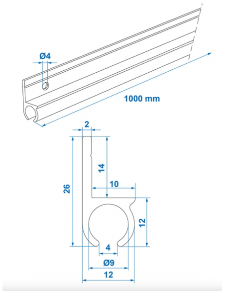 Riel canaleta aluminio con ángulo de 180° de 1 metro x 2,6 cm de base.