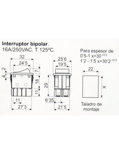 Interrupteur à bascule à 2 circuits ouvert. clé noire
