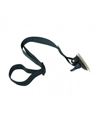 Safety strap for rear view mirror with suction cup.